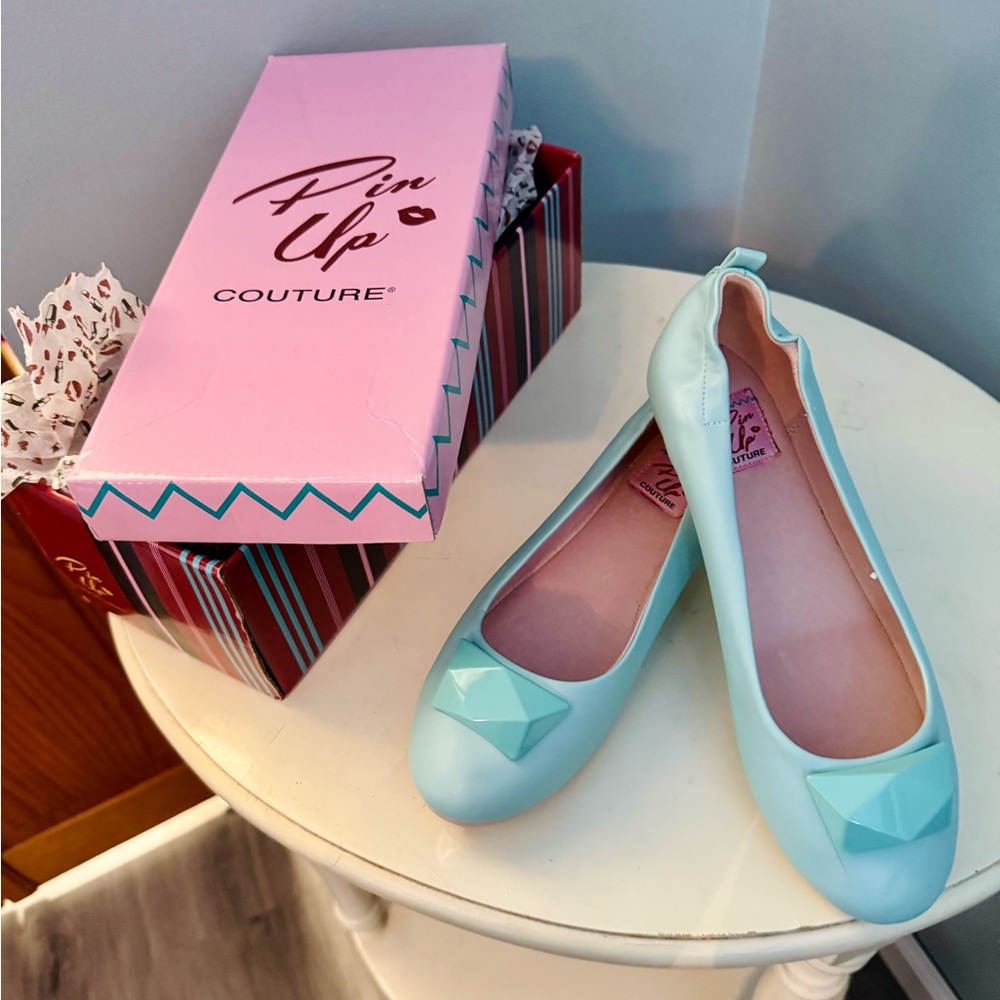 Pinup Couture Light Blue Flats with Bow Accent